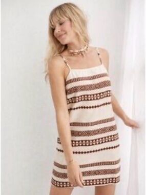 aerie Cream Mini Dress with Brown Geometric Print